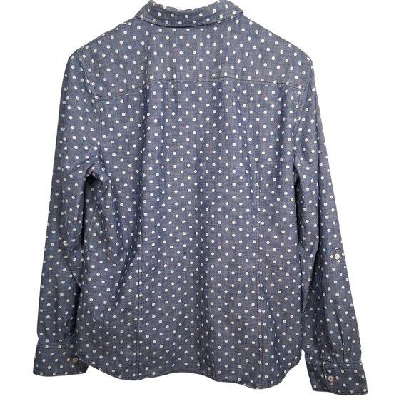 Talbots Blouse Women 14 Blue Chambray Denim Polka Dot Long Roll Tab Sleeve - Picture 2 of 12